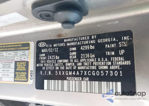 2012 Kia Optima Lx from USA, damaged, VIN 5XXGM4A7XCG057301